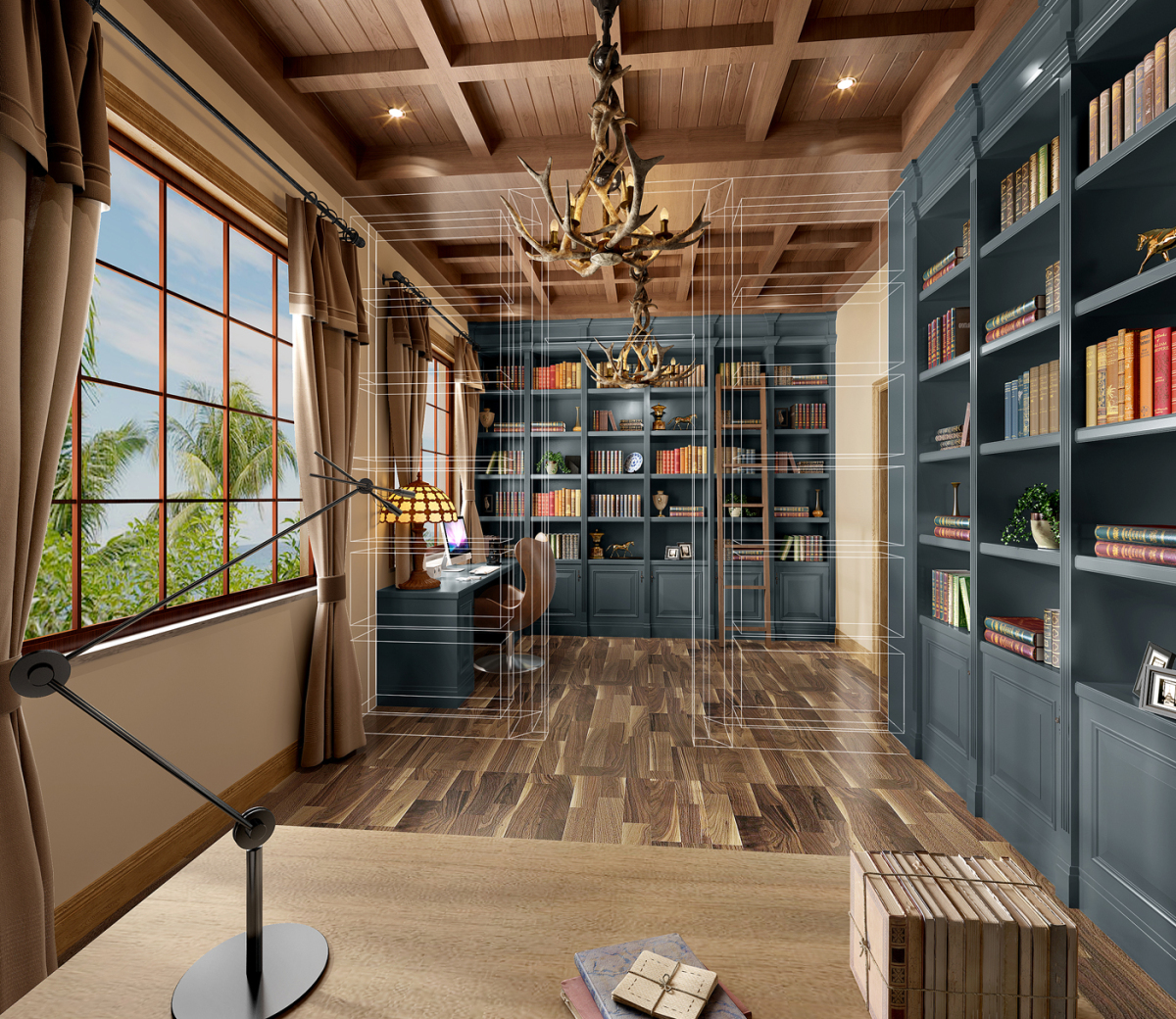 美式田园风格122平米三居书房书柜装修效果图_别墅设计图