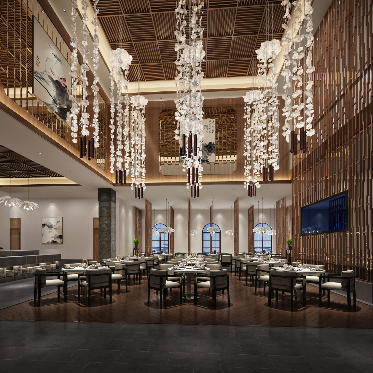 一套新中式餐厅奢华吊灯装修设计效果图 – 设计本装修效果图