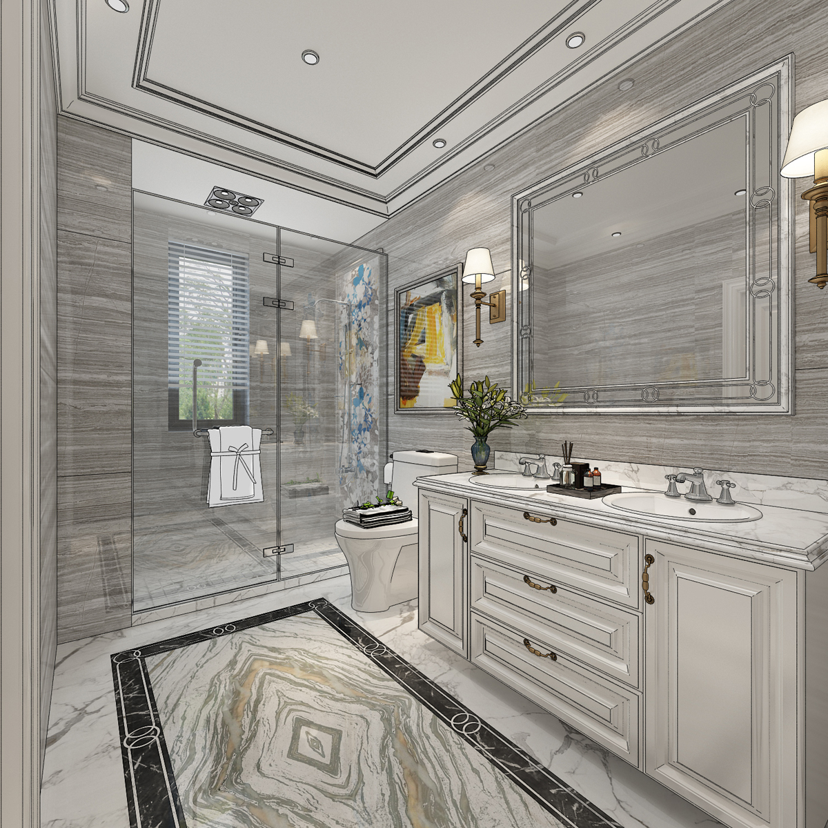 华丽欧式风格卫生间米色浴缸装修设计图-房天下装修效果图