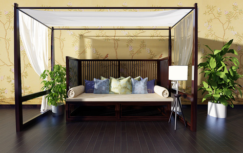 Z27-0619东南亚新中式高背休闲长椅沙发罗汉床纱幔