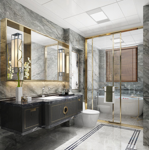 H23-0723新中式别墅卫生间台盆淋浴隔断花洒浴缸