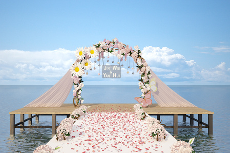  户外海边婚礼婚庆现场， 