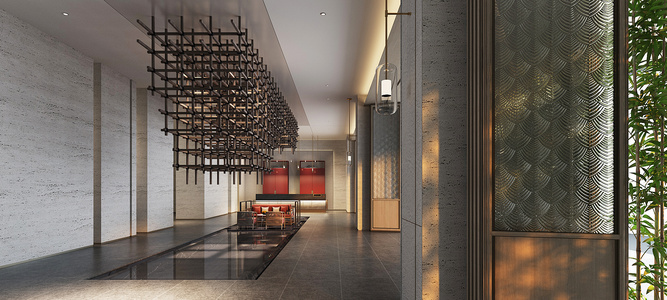 新中式酒店大堂,前厅接待台