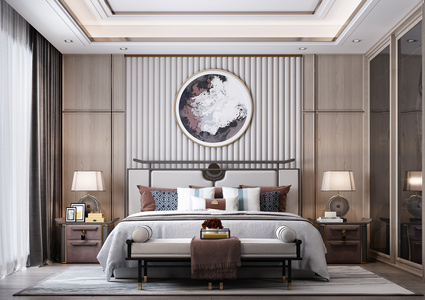 新中式样板间别墅 卧室 