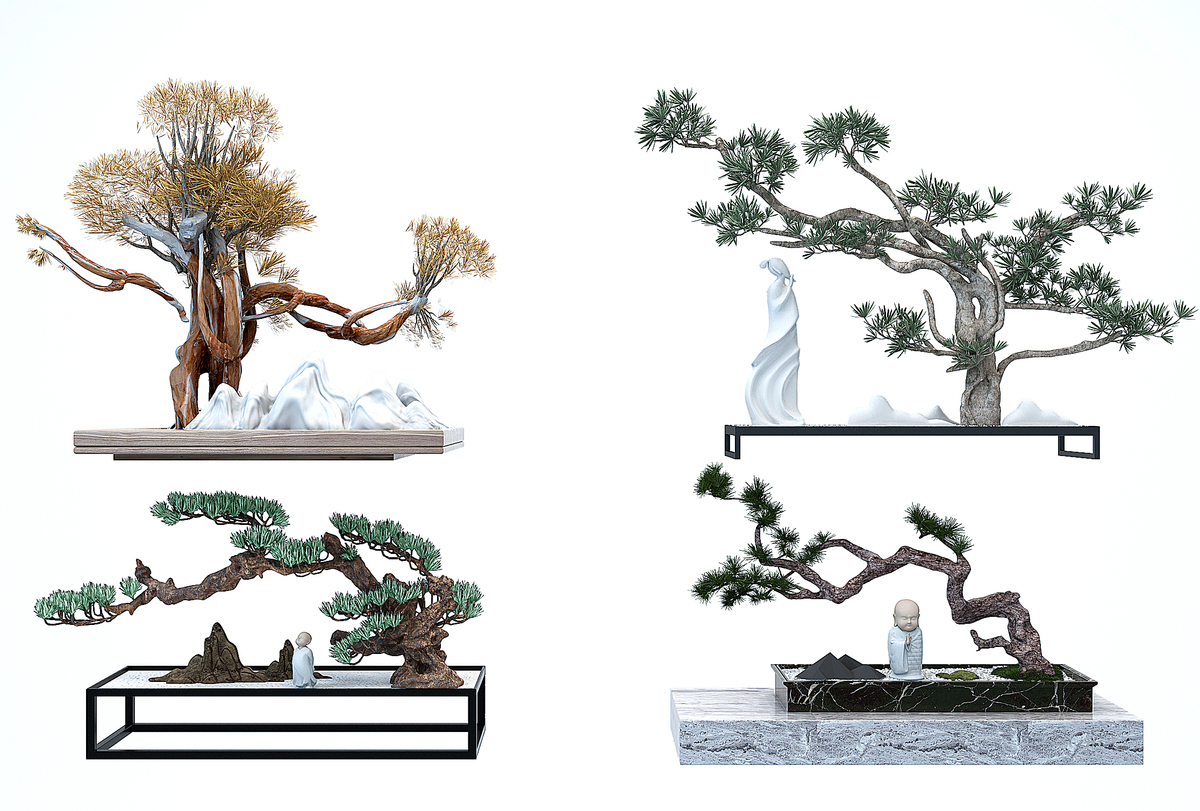 中式禅意松树盆景佛像摆件3d模型下载-【集简空间】「每日更新」