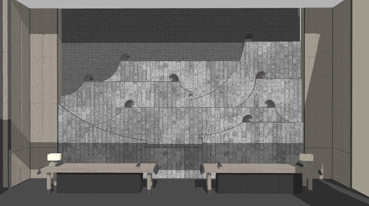 新中式瓦片背景墙、新中式吧台，长条凳子