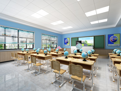 现代小学学校教室+机房+地理教室+课桌椅