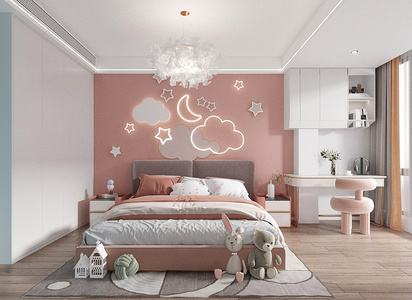 现代儿童房，女孩房，女儿房写字台毛绒玩具