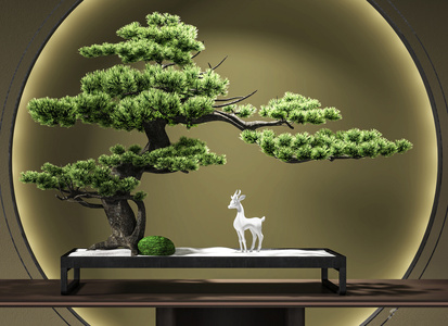 新中式条案摆台，盆景小鹿