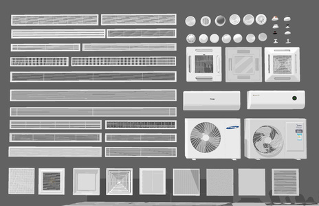 中央空调 出风口 排风口，空调室外机，喷淋烟感，换气扇壁挂空调su模型