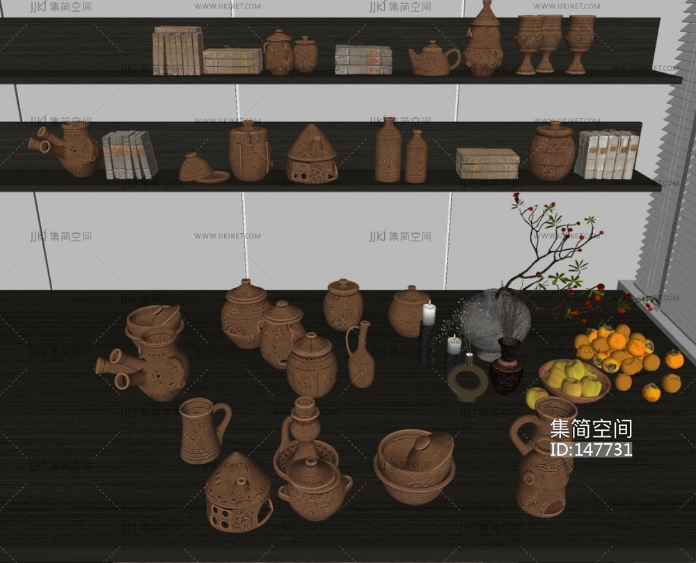 侘寂陶罐瓦器陶艺制品组合SU模型