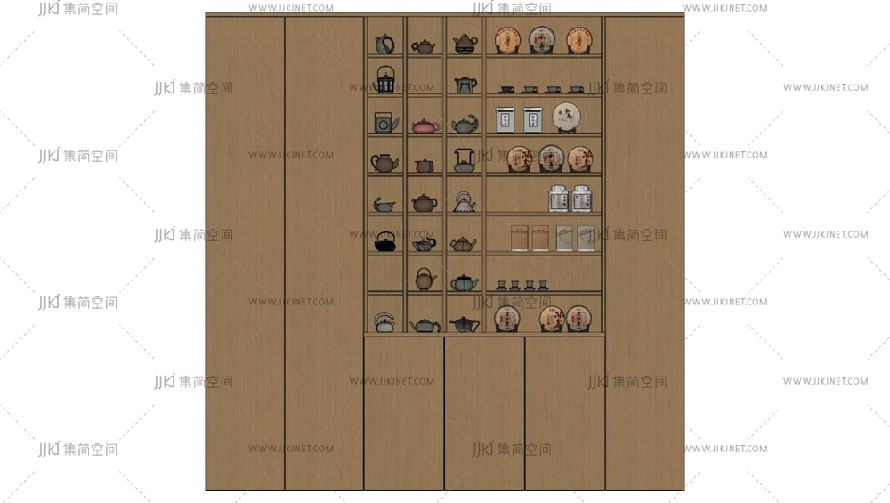 03-新中式茶具_茶叶_茶杯_茶饼_装饰柜_展示柜su模型