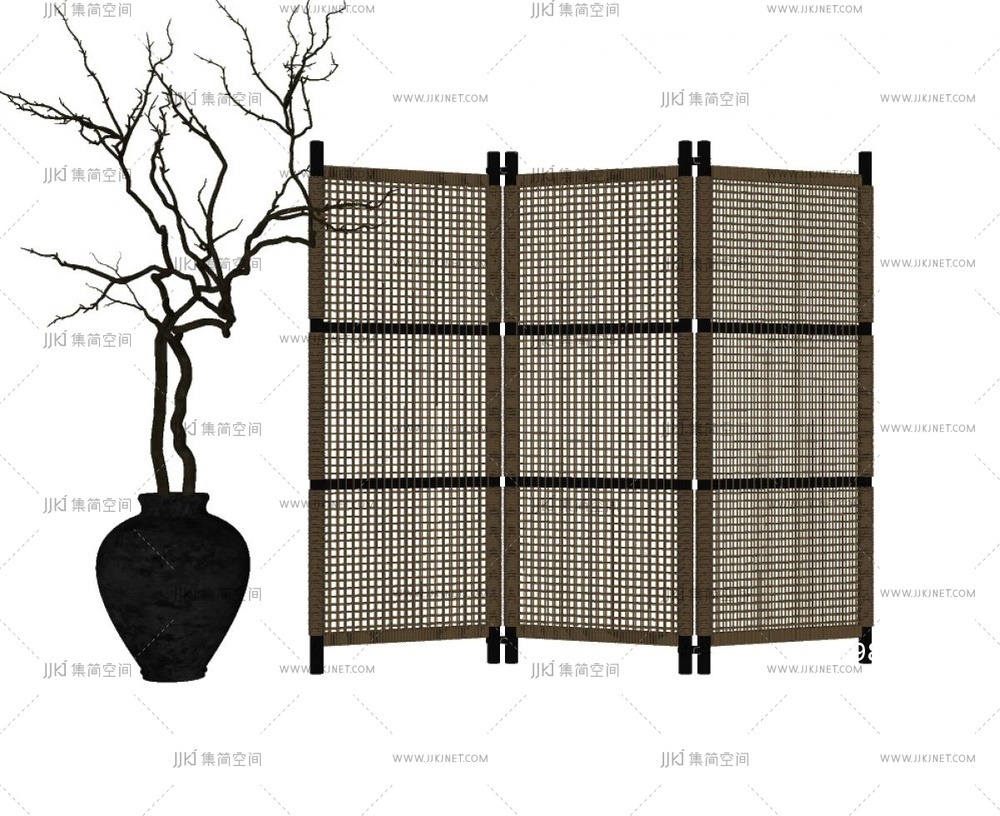 中古侘寂屏风_竹质屏风_木屏风_藤编屏风_屏风隔断_复古屏风SU模型