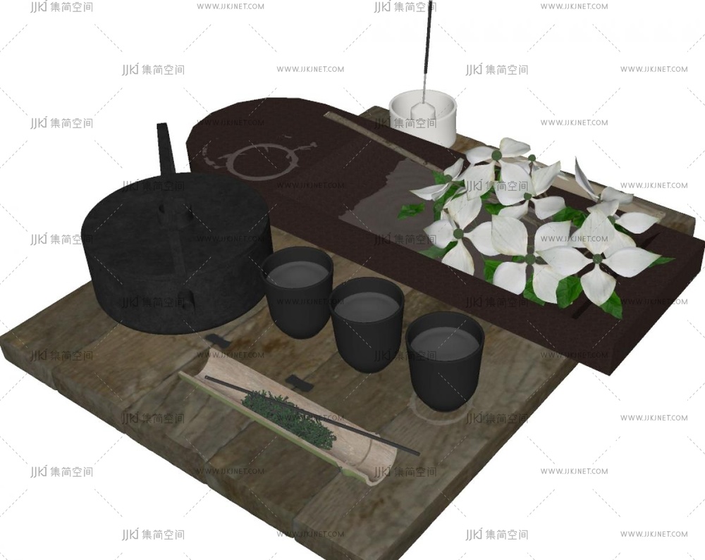 茶具组合_茶壶_茶杯_侘寂风茶具摆件_花艺摆件_茶盘SU模型