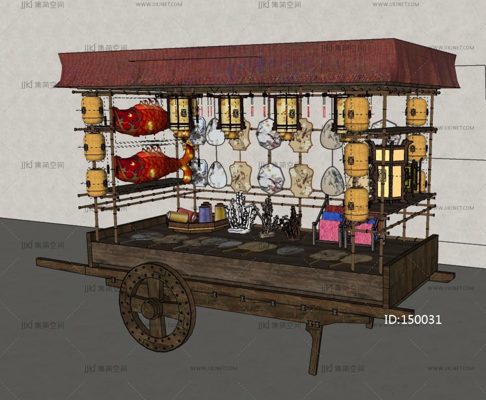 新中式艺术装置_景观装置_扇子_摊位_春节_古代SU模型