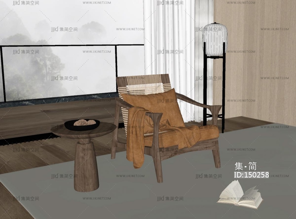 中古休闲椅_中古风休闲椅_单人沙发_边几SU模型