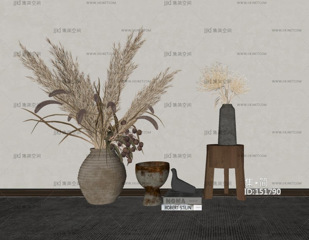 侘寂花瓶_侘寂花瓶干花摆件_芦苇插花SU模型