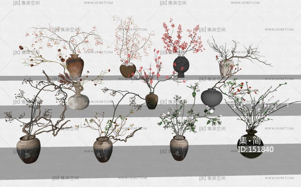 新中式中古花艺,陶罐花瓶SU模型