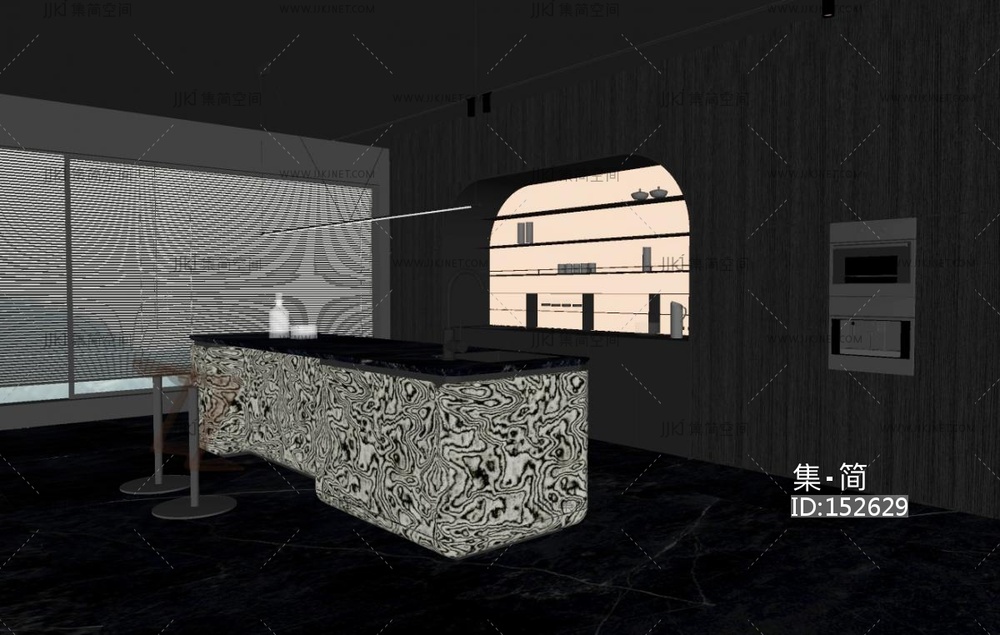 意式开放式厨房_餐厅厨房_岛台厨房_吧台SU模型