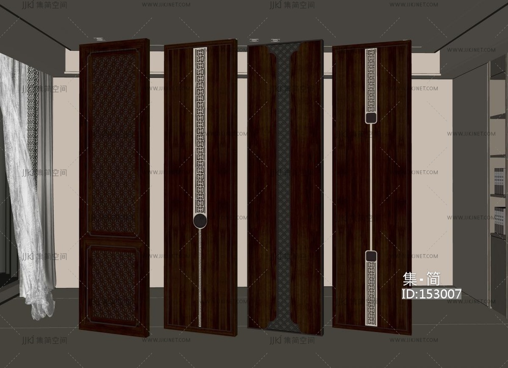 新中式护墙板_新中式护墙板_木饰面_屏风隔断SU模型