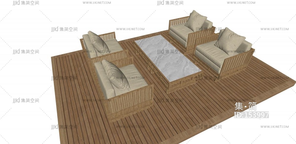 新中式户外沙发_实木沙发_户外沙发_沙发茶几组合_户外多人沙发_双人沙发su模型