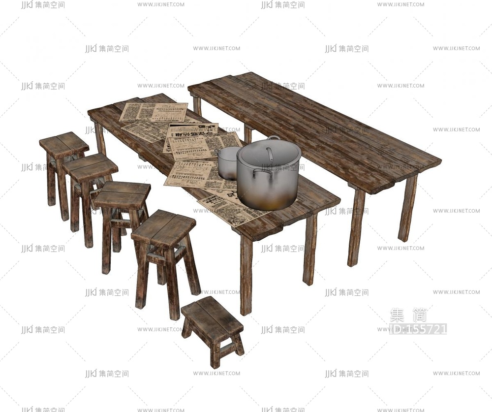 中式复古休闲桌椅_长条桌_高脚凳_小板凳_木制桌凳SU模型