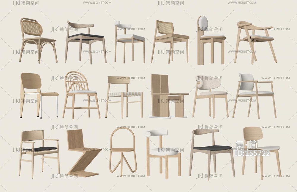 北欧原木餐椅_单椅_书椅SU模型