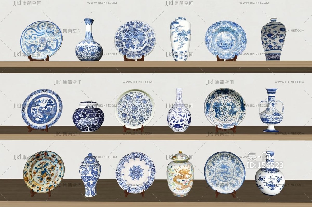 新中式陶瓷器皿盘子将军罐，花瓶su模型