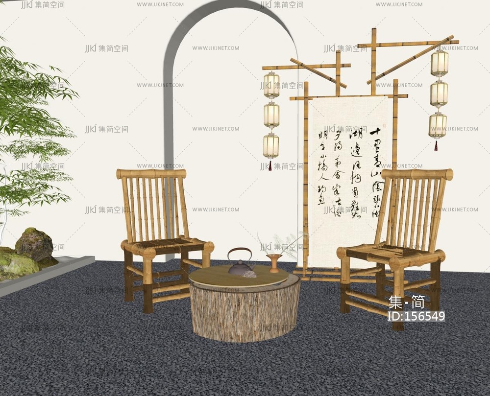 新中式竹椅_户外休闲椅su模型