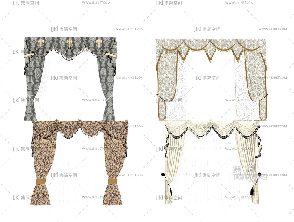 欧式古典欧式美式窗帘组合模型su模型