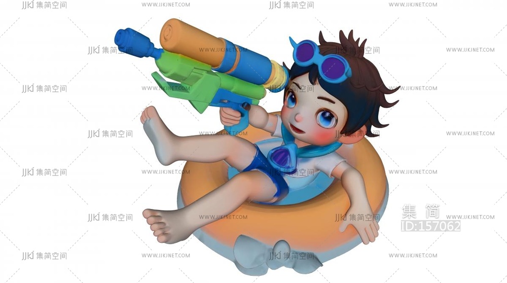 戴泳镜坐在游泳圈上玩挤水枪的小男孩