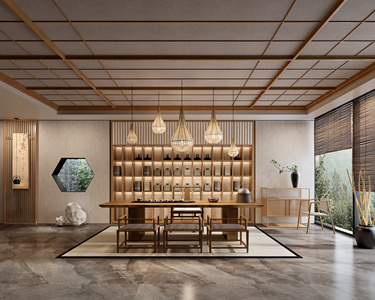 新中式茶室 茶桌  ，藤编编织吊灯，竹竿