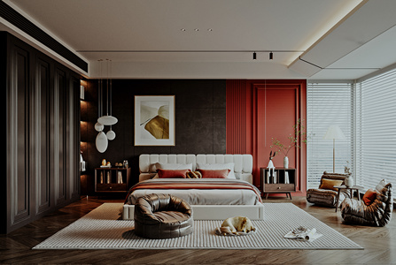 卧室，轻奢，暗黑风,现代轻奢卧室双人床，懒人沙发法式卧室
