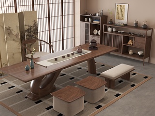 中古侘寂茶室_侘寂中古风茶室_中古风茶室_茶桌组合_现代中古风茶室_茶室SU模型