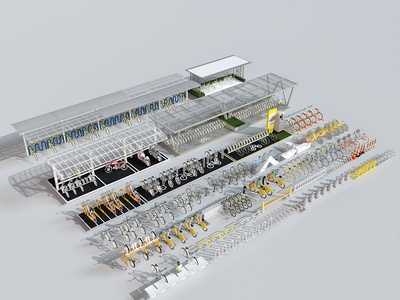 现代户外停车场_自行车停车场_市政共享单车停车_自行车停车架组合_路障路挡_车棚3D模型