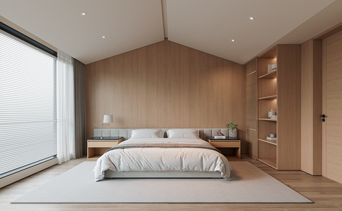 现代客房_双人床_原木客房日式客房双人床3D模型