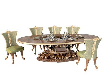 法式古典雕花椭圆形餐桌椅餐椅椅子3d模型