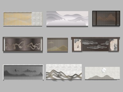 新中式山水景墙围墙背景 su草图模型