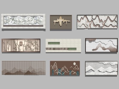 新中式山水景墙围墙背景 su草图模型