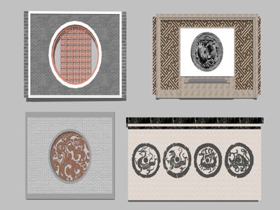 新中式山水景墙围墙背景 su草图模型