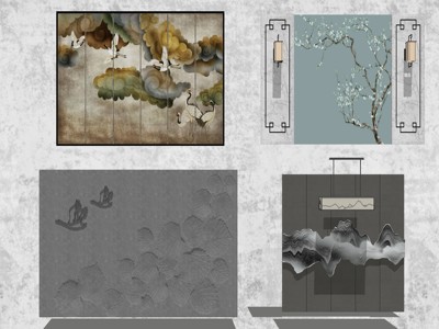 新中式硬包背景墙围墙 su草图模型