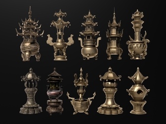 中式其他小品_香炉_铜炉熏香炉_佛龛青铜鼎_祭祀用品古典香炉_古董文物SU模型