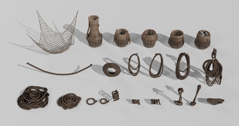 中式复古影视_渔网_绳子_鱼篓_竹篓SU模型