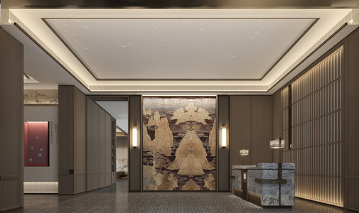 新中式售楼处入口大堂服务太接待台su模型