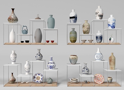 现代罐子_瓷器_陶罐_青花瓷花瓶_瓷器组合3D模型