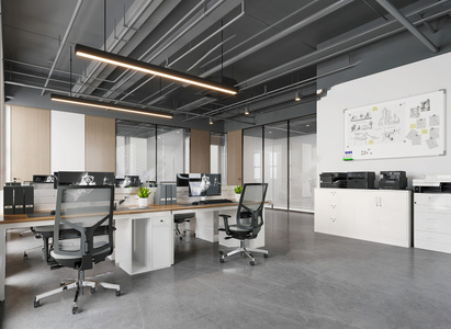 现代公共办公区_办公桌椅_员工工位打印机白板3D模型