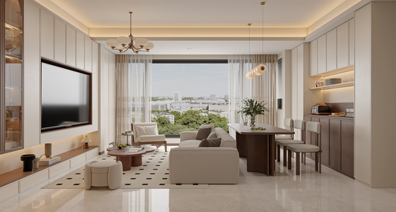 客餐厅现代客厅橱柜电视背景墙，奶油风休闲椅