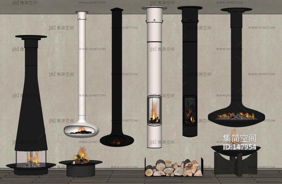 现代壁炉组合柴SU模型