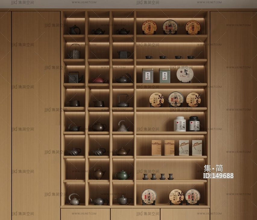 03-新中式茶具_茶叶_茶杯_茶饼_装饰柜_展示柜su模型