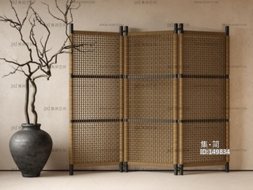中古侘寂屏风_竹质屏风_木屏风_藤编屏风_屏风隔断_复古屏风SU模型